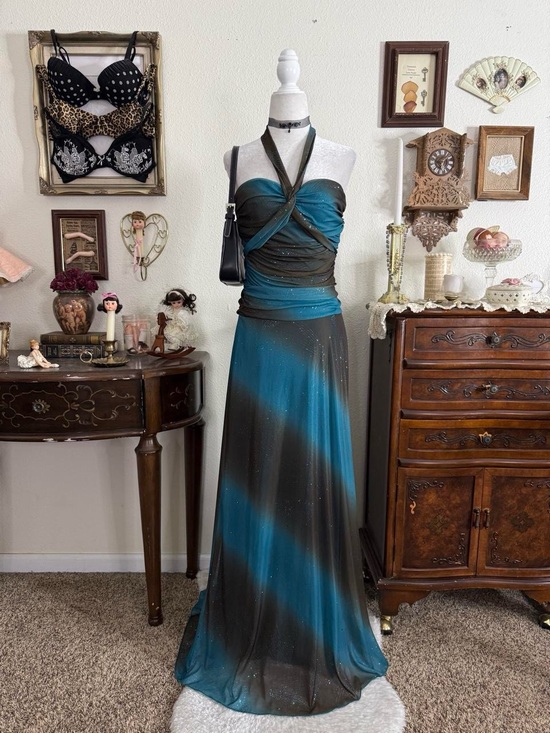 City Triangles Dresses & Skirts - Y2k whimsical fairy grunge brown and teal blue sparkly glitter mesh halter maxi
